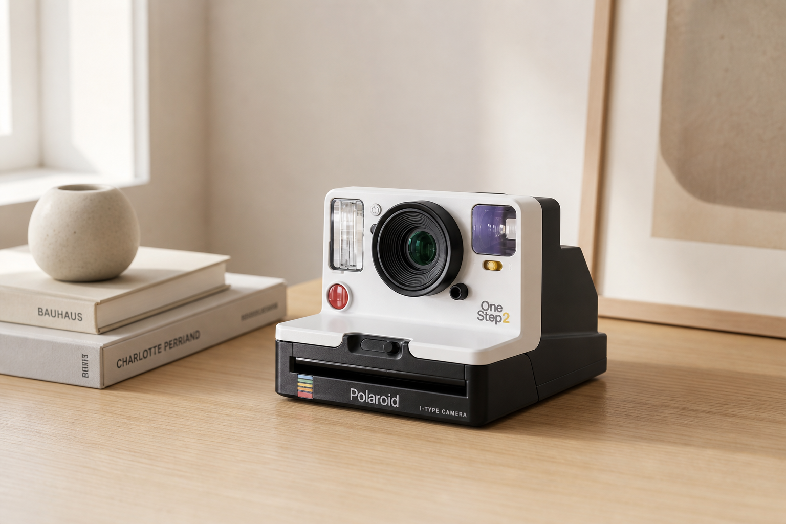 Instant camera on a light oak desk in a modern Scandinavian home office