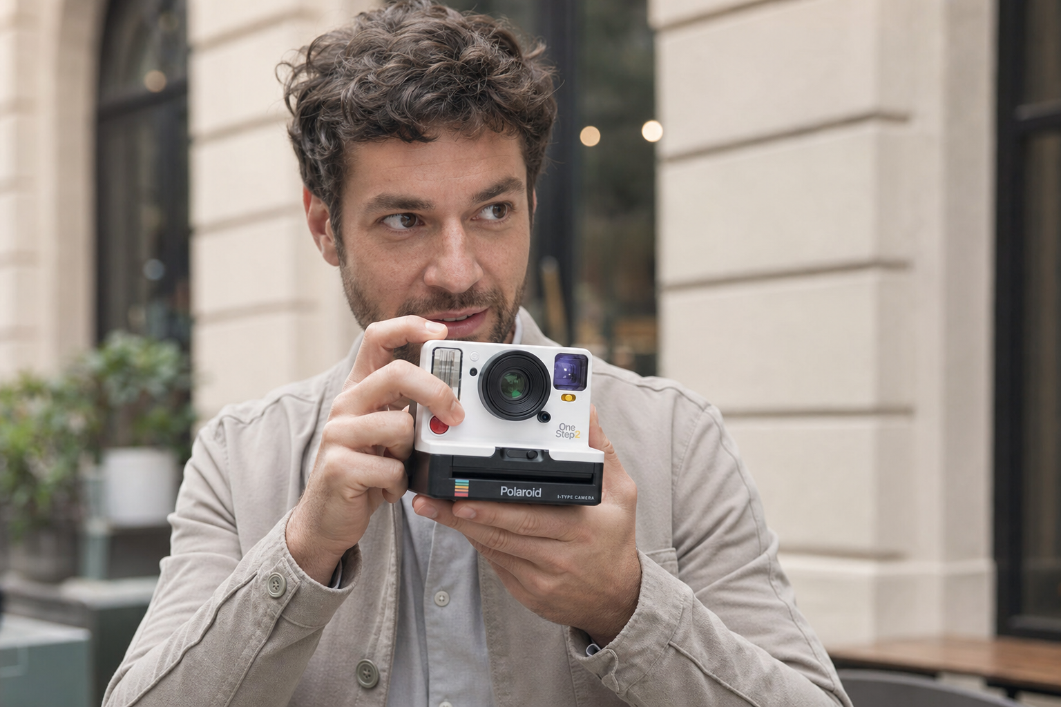 A real person naturally holding the instant camera with both hands in a contemporary city setting