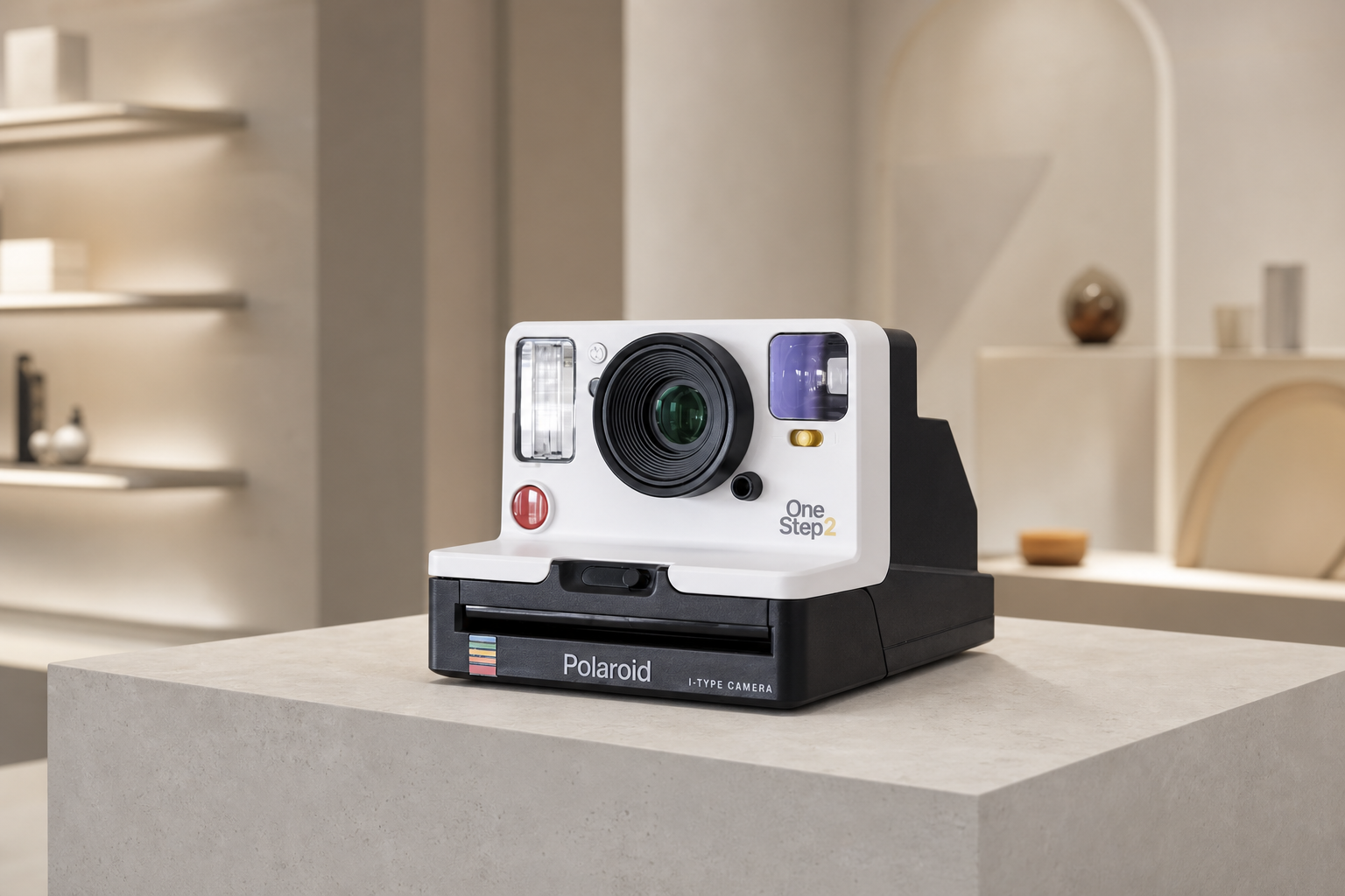 Instant camera presented on a pale stone plinth in a contemporary design store