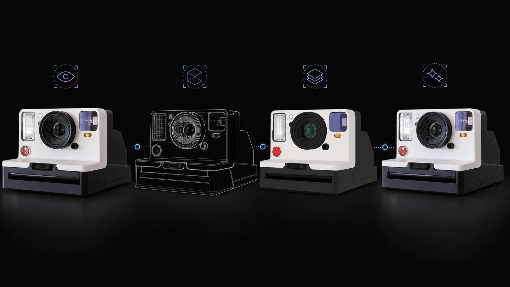 Four-stage instant camera visual reverse-engineering result showing observation, line drawing, flat color, and final material render