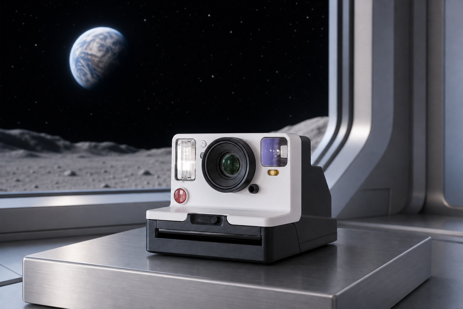Instant camera displayed inside a lunar observation station with Earth visible outside