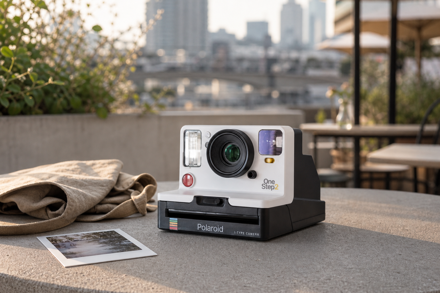 Instant camera on a city cafe terrace with a canvas bag and printed photograph